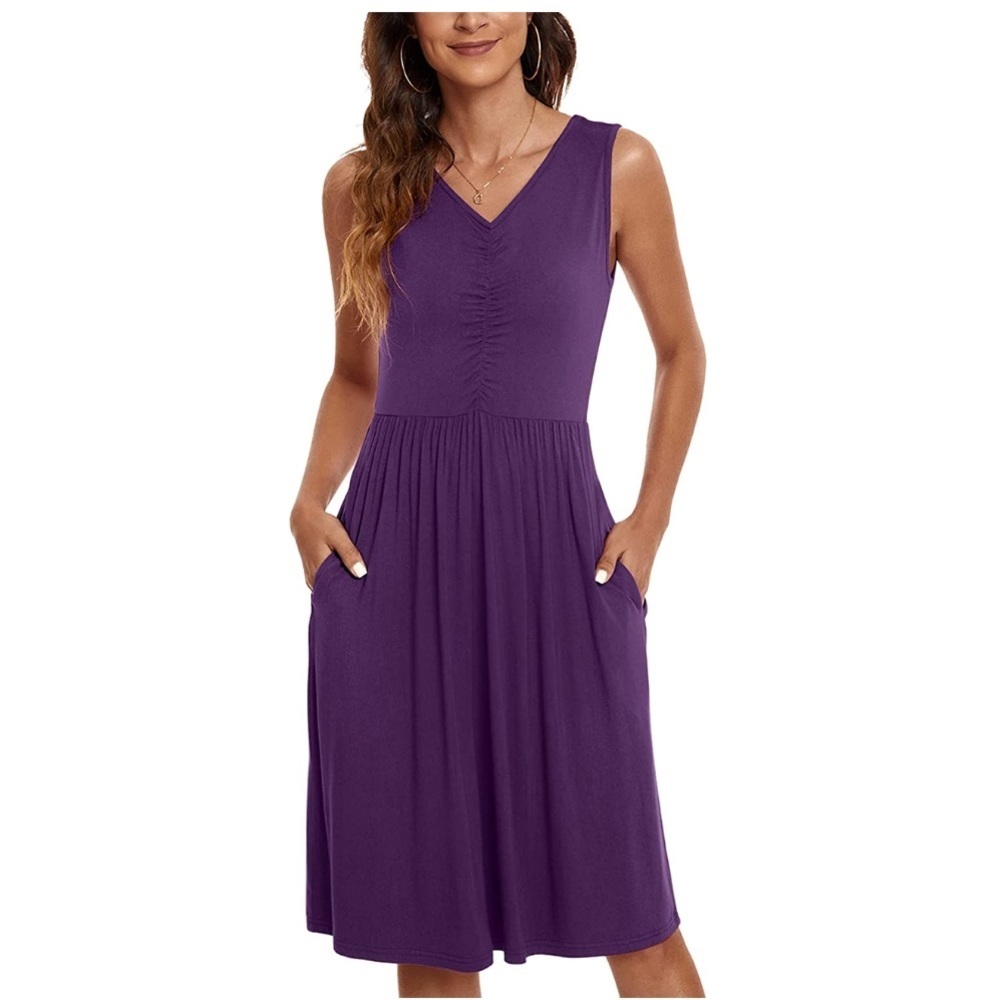 NILOUFO Summer Sleeveless V Neck Purple Fun Summer Midi Dress‎ w/Pockets, Large